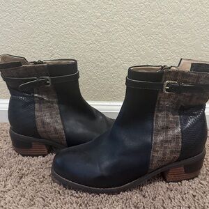 Black and Brown Ankle Boots with Elastic Panels and Low Heel